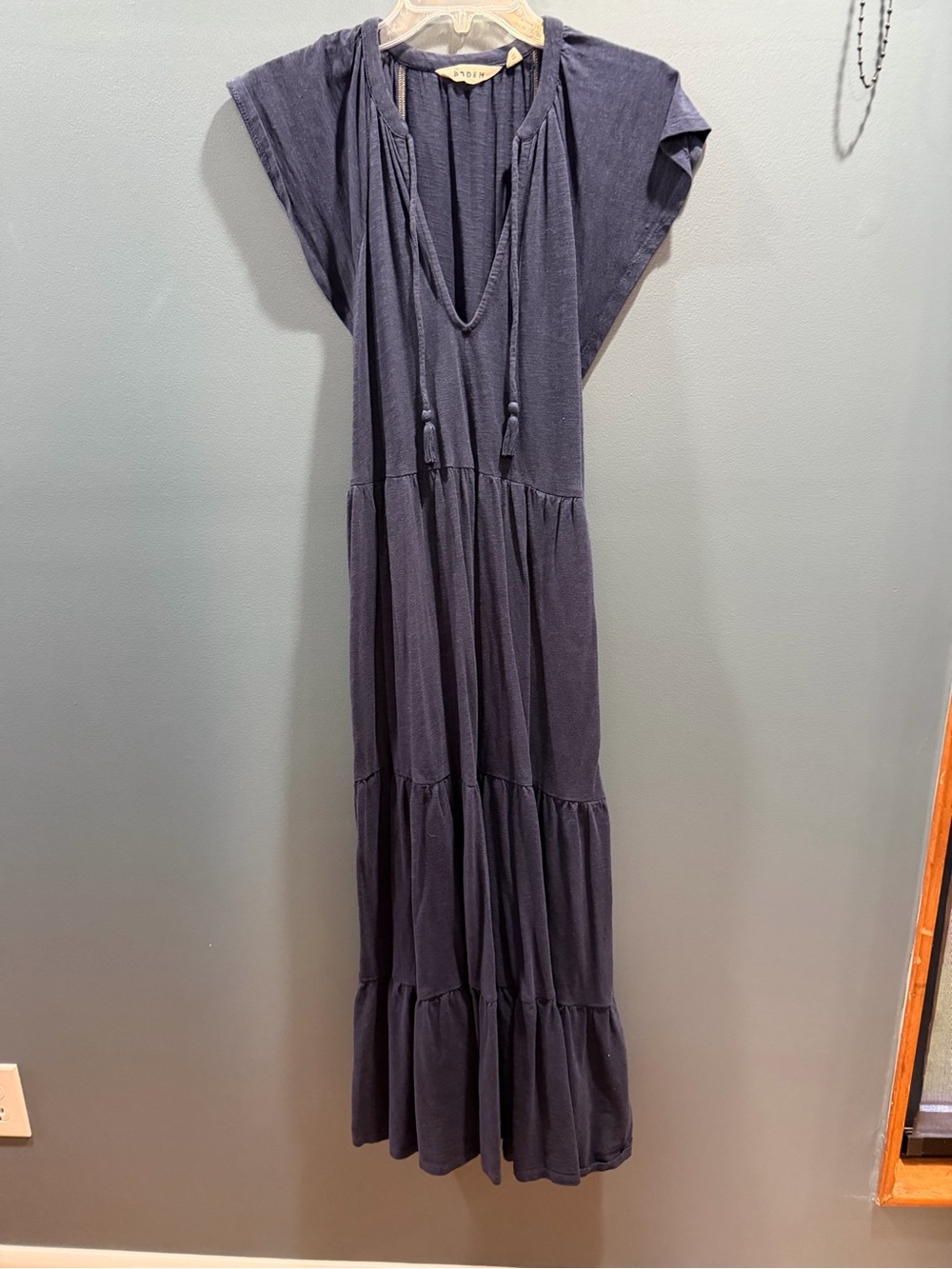Boden Navy Tiered Maxi Dress with Tassel V-Neck with Pockets